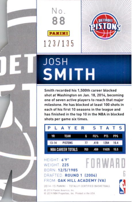 2014-15 Totally Certified Platinum Mirror Red Die Cuts #88 Josh Smith back image