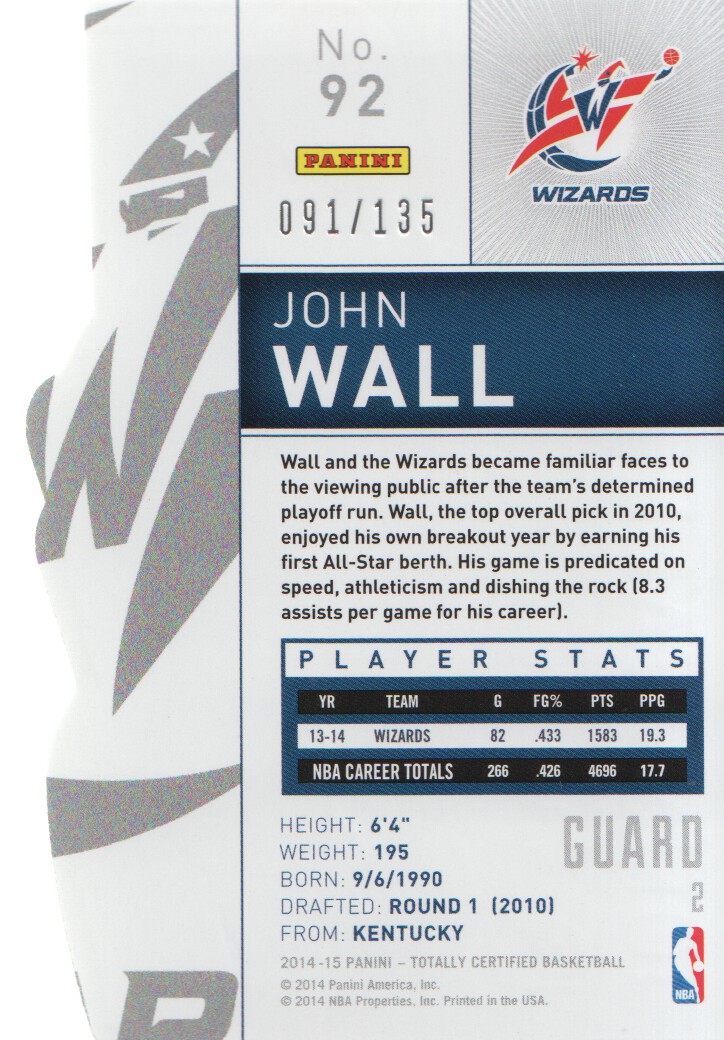 2014-15 Totally Certified Platinum Mirror Red Die Cuts #92 John Wall back image