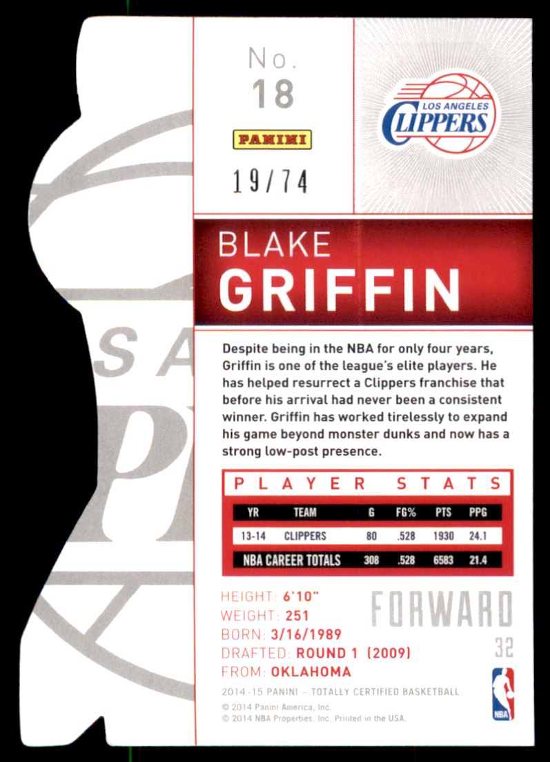 2014-15 Totally Certified Platinum Mirror Blue Die Cuts #18 Blake Griffin back image