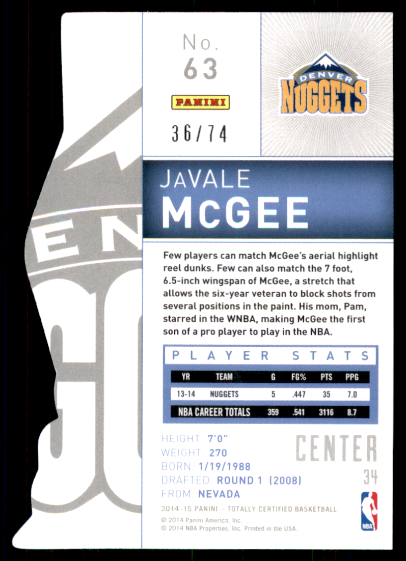 2014-15 Totally Certified Platinum Mirror Blue Die Cuts #63 JaVale McGee back image