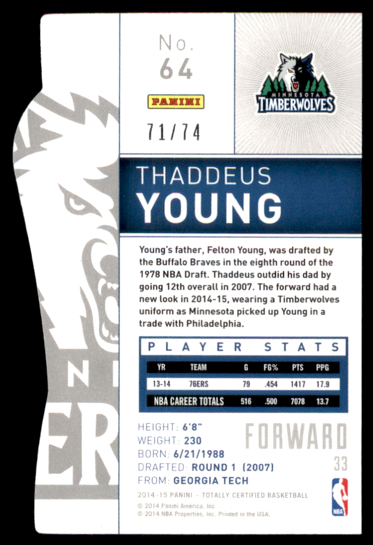 2014-15 Totally Certified Platinum Mirror Blue Die Cuts #64 Thaddeus Young back image
