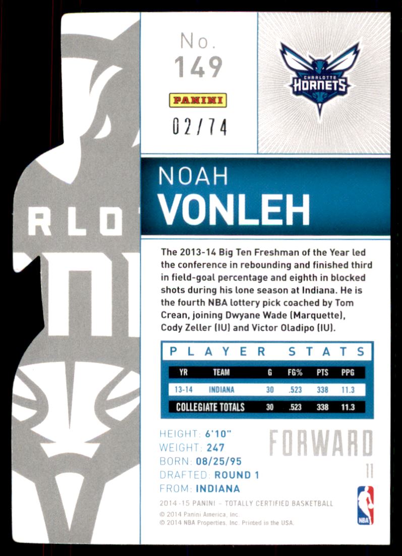 2014-15 Totally Certified Platinum Mirror Blue Die Cuts #149 Noah Vonleh back image