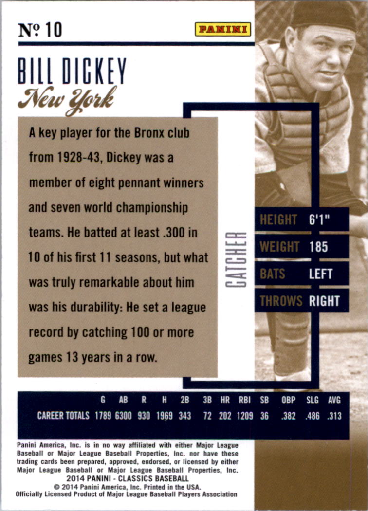 2014 Classics Timeless Tributes Silver #10 Bill Dickey back image