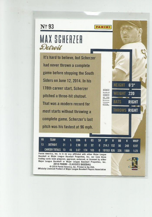 2014 Classics Timeless Tributes Silver #93 Max Scherzer back image