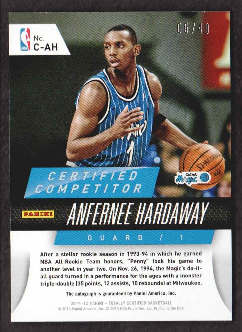 2014-15 Totally Certified Competitor Autographs #CAH Anfernee Hardaway/49 back image