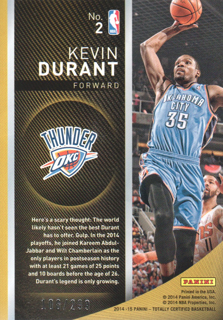 2014-15 Totally Certified Excellence #2 Kevin Durant back image