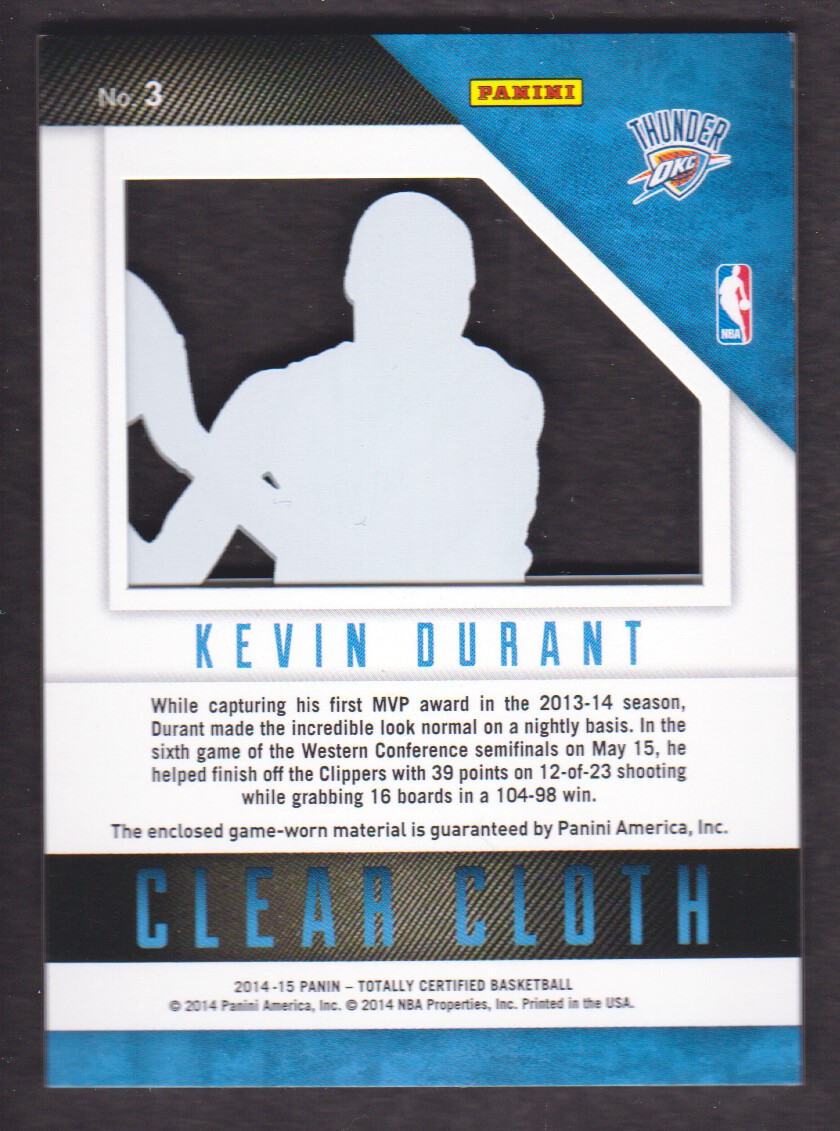 2014-15 Totally Certified Clear Cloth Jerseys Red #3 Kevin Durant/299 back image