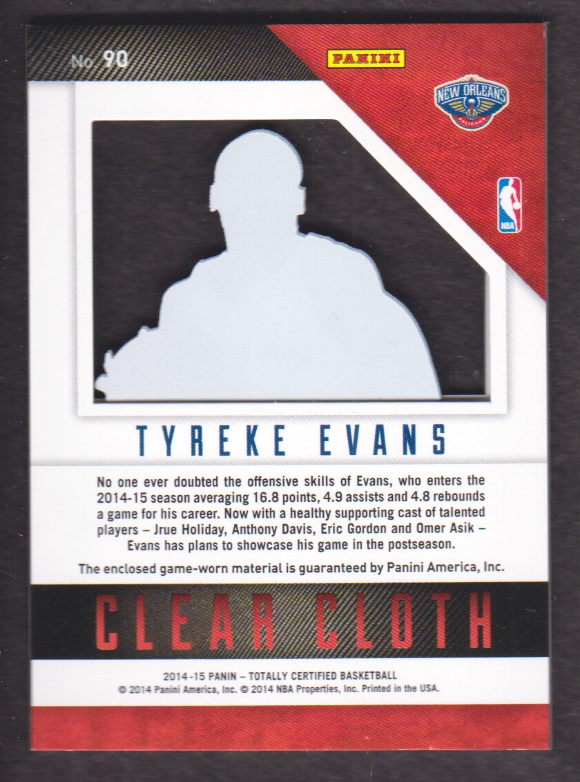2014-15 Totally Certified Clear Cloth Jerseys Red #90 Tyreke Evans/299 back image