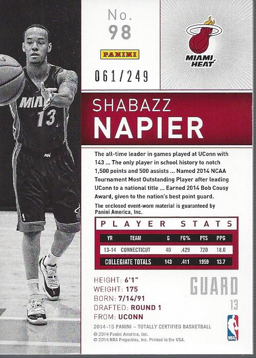 2014-15 Totally Certified Jerseys Red #98 Shabazz Napier/249 back image