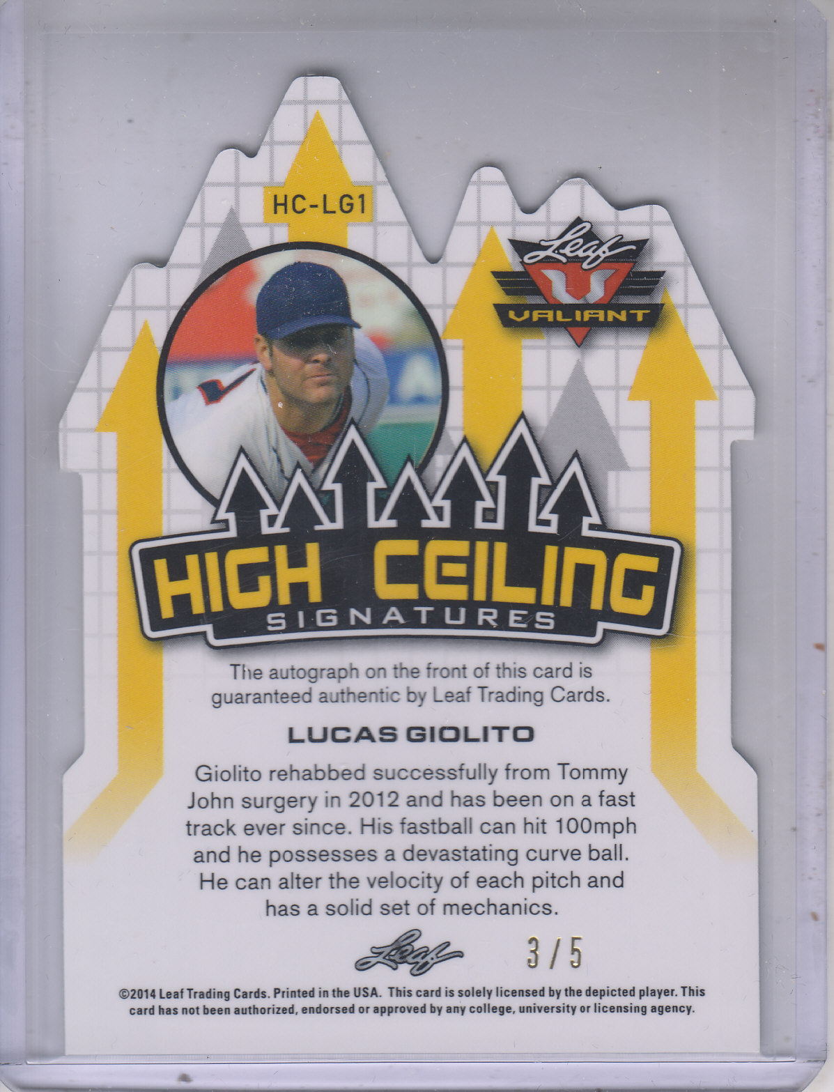 2014 Leaf Valiant Draft High Ceiling Yellow #HCLG1 Lucas Giolito/5 back image