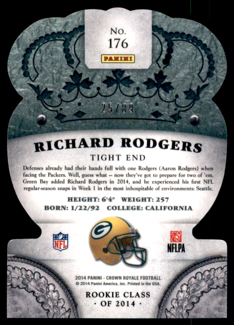 2014 Crown Royale Retail Rookies Jersey Number #176 Richard Rodgers/89 back image