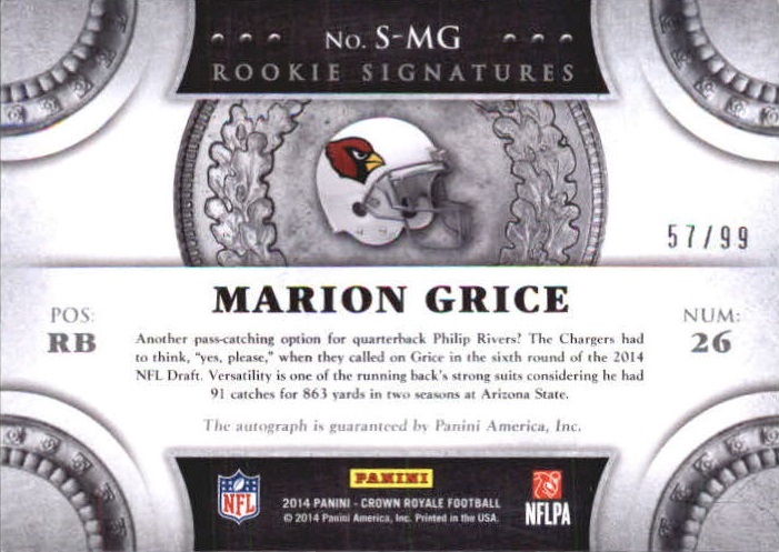 2014 Crown Royale Rookie Signatures Silver Plaid #SMG Marion Grice/99 back image