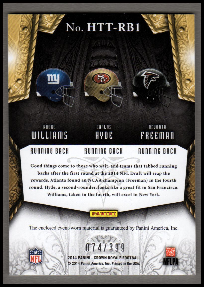 2014 Crown Royale Heirs to the Throne Materials Trios #HTTRB1 Andre Williams/Carlos Hyde/Devonta Freeman/399 back image