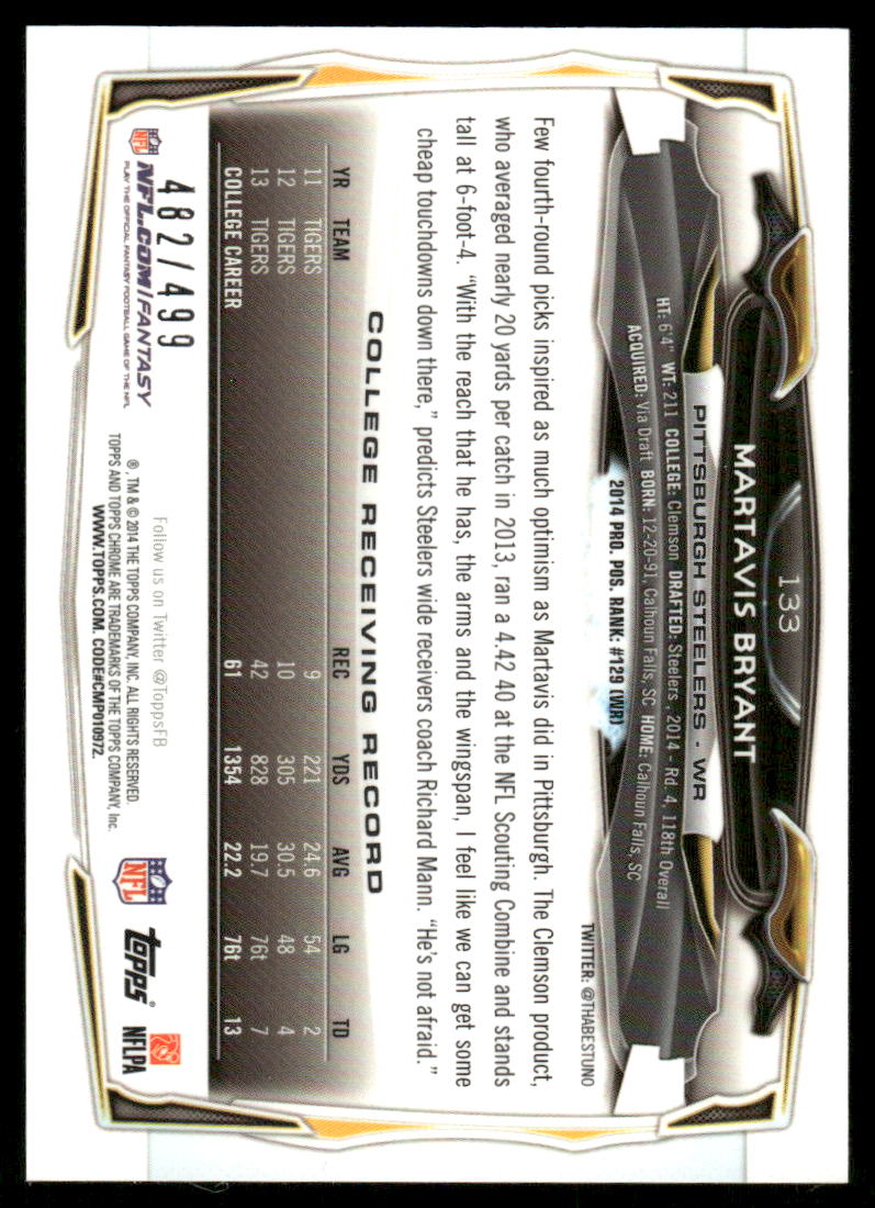 2014 Topps Chrome Camo Refractors #133 Martavis Bryant back image