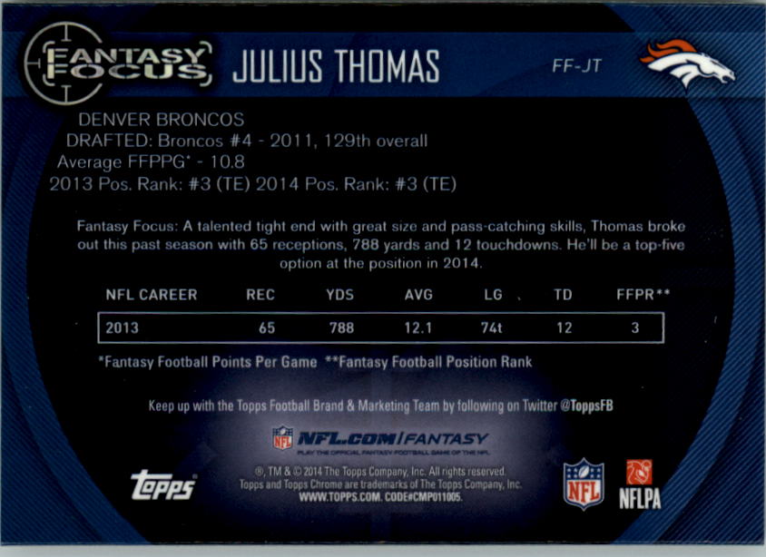 2014 Topps Chrome Fantasy Focus #FFJT Julius Thomas back image