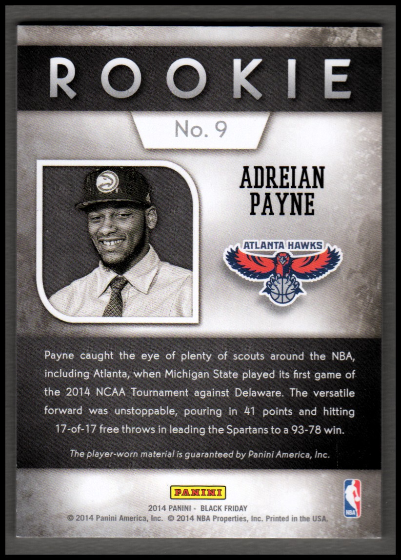 2014 Panini Black Friday Rookie Materials Jerseys #9 Adreian Payne back image