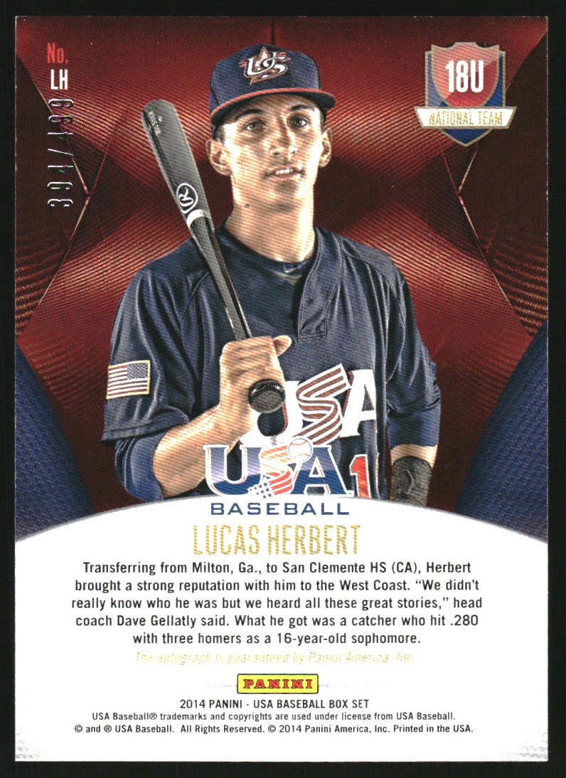 2014 USA Baseball 18U National Team Signatures #LH Lucas Herbert back image