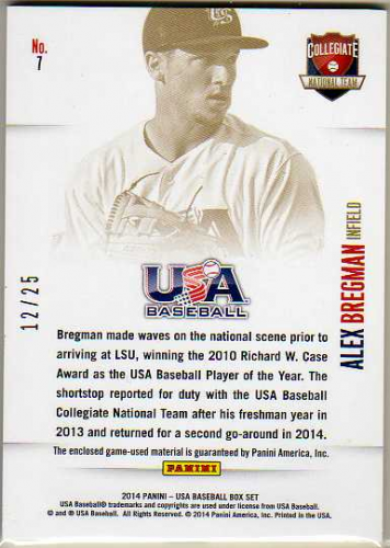 2014 USA Baseball Collegiate National Team Jerseys Jumbo Prime #7 Alex Bregman/25 back image