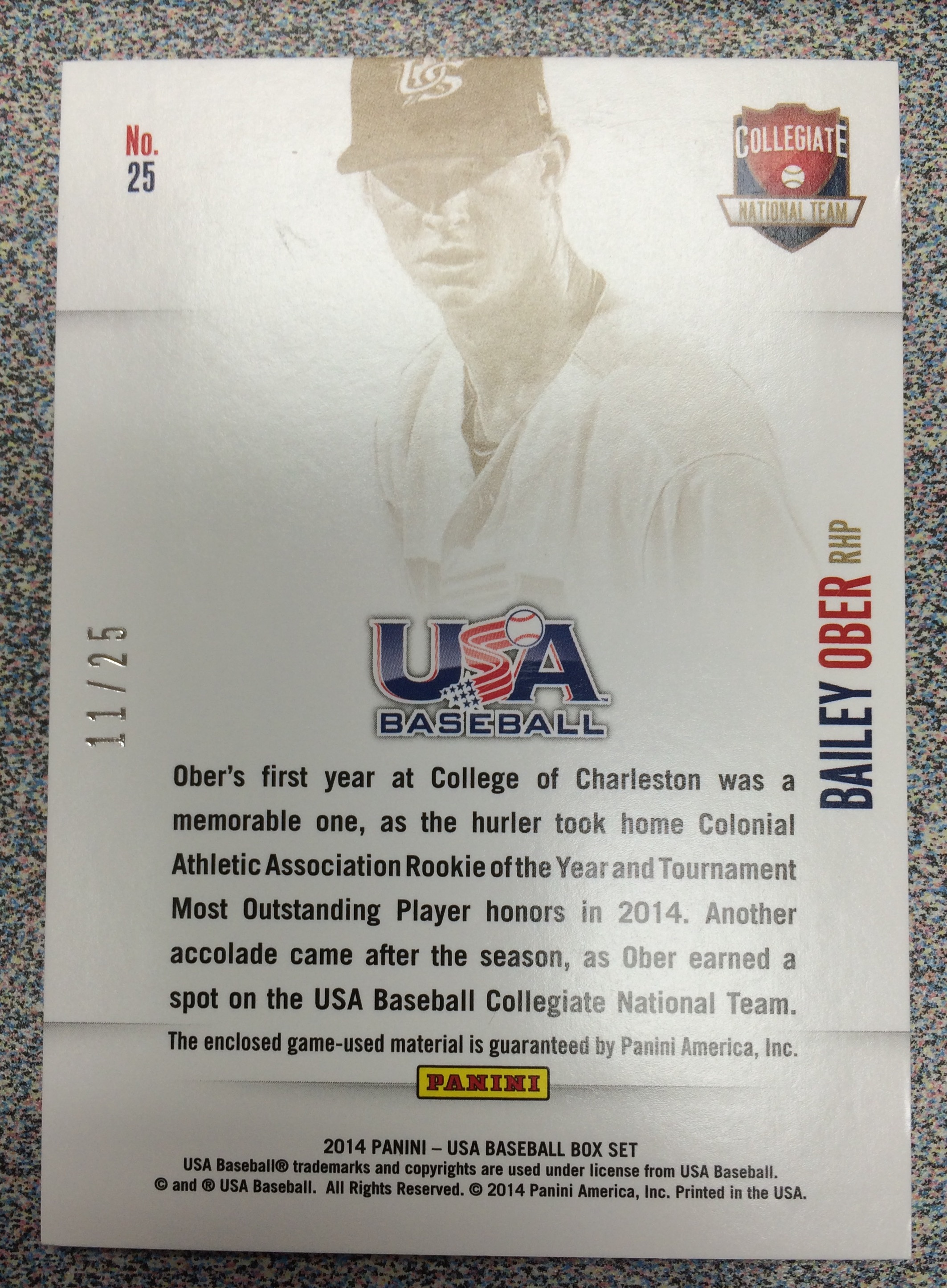 2014 USA Baseball Collegiate National Team Jerseys Jumbo Prime #25 Bailey Ober/25 back image