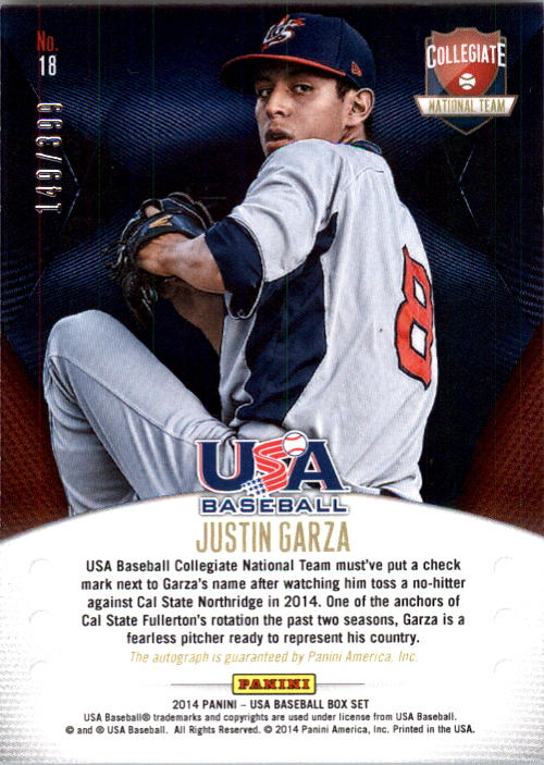 2014 USA Baseball Collegiate National Team Signatures #18 Justin Garza back image