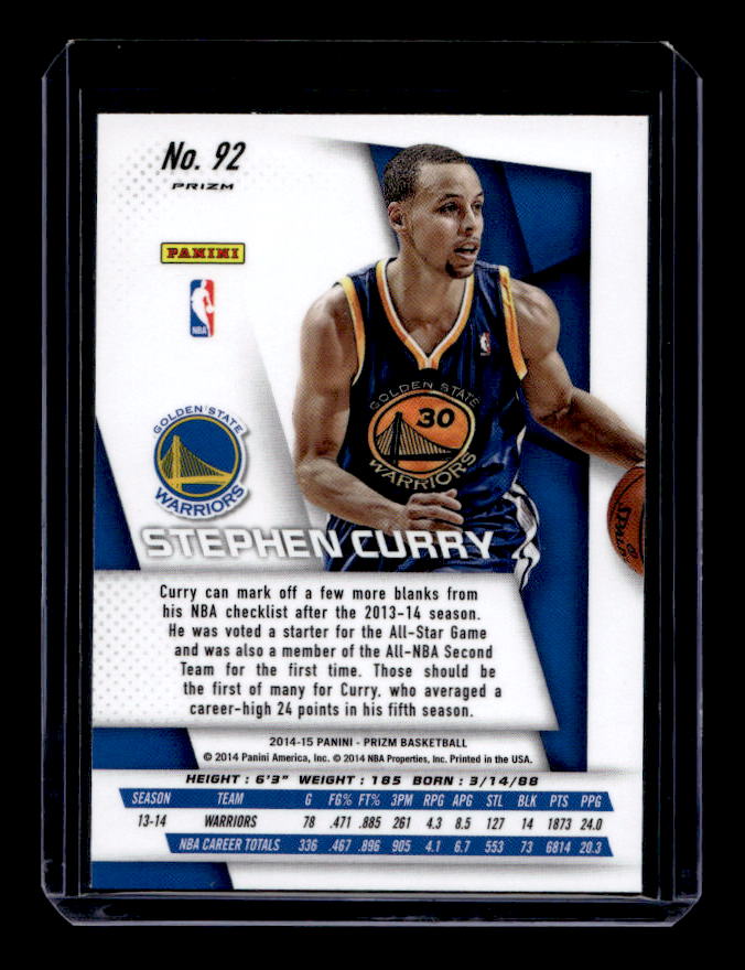 2014-15 Panini Prizm Prizms Red White and Blue Pulsar #92 Stephen Curry back image