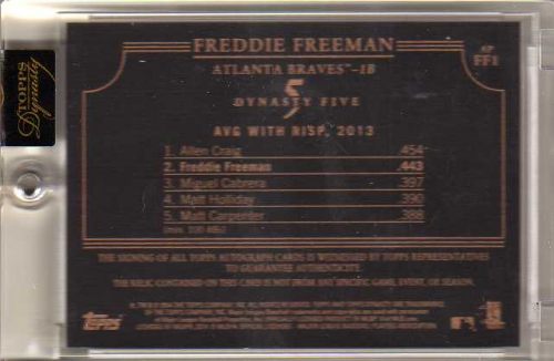 2014 Topps Dynasty Autograph Patches #APFF1 Freddie Freeman back image