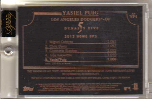 2014 Topps Dynasty Autograph Patches #APYP4 Yasiel Puig back image