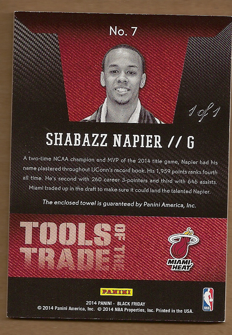 2014 Panini Black Friday Tools of the Trade Towels 1/1 #7 Shabazz Napier back image