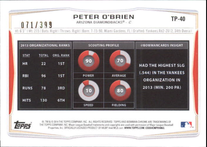 2014 Bowman Draft Top Prospects Blue #TP40 Peter O'Brien back image