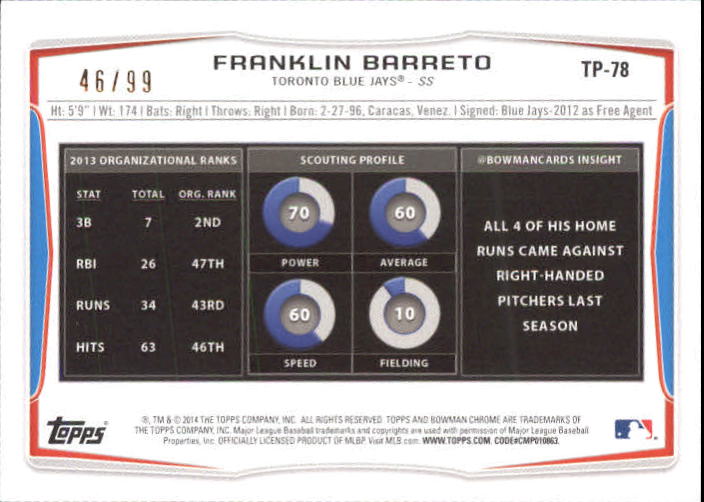 2014 Bowman Draft Top Prospects Purple Ice #TP78 Franklin Barreto back image