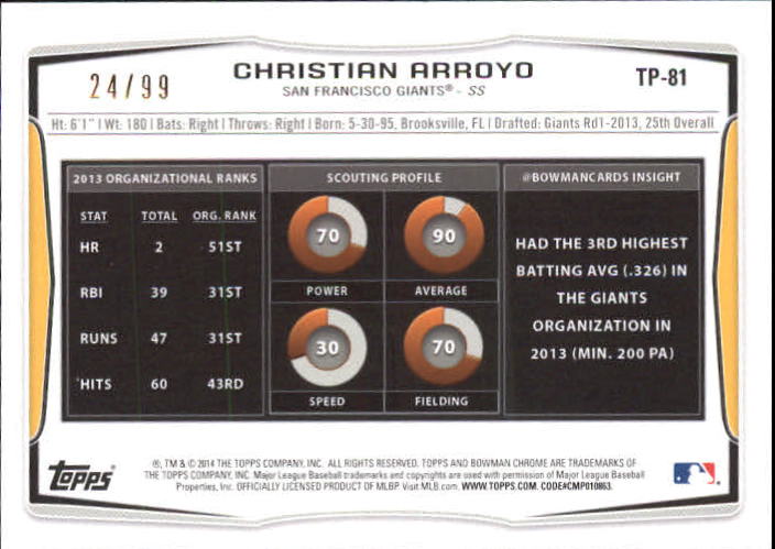 2014 Bowman Draft Top Prospects Purple Ice #TP81 Christian Arroyo back image