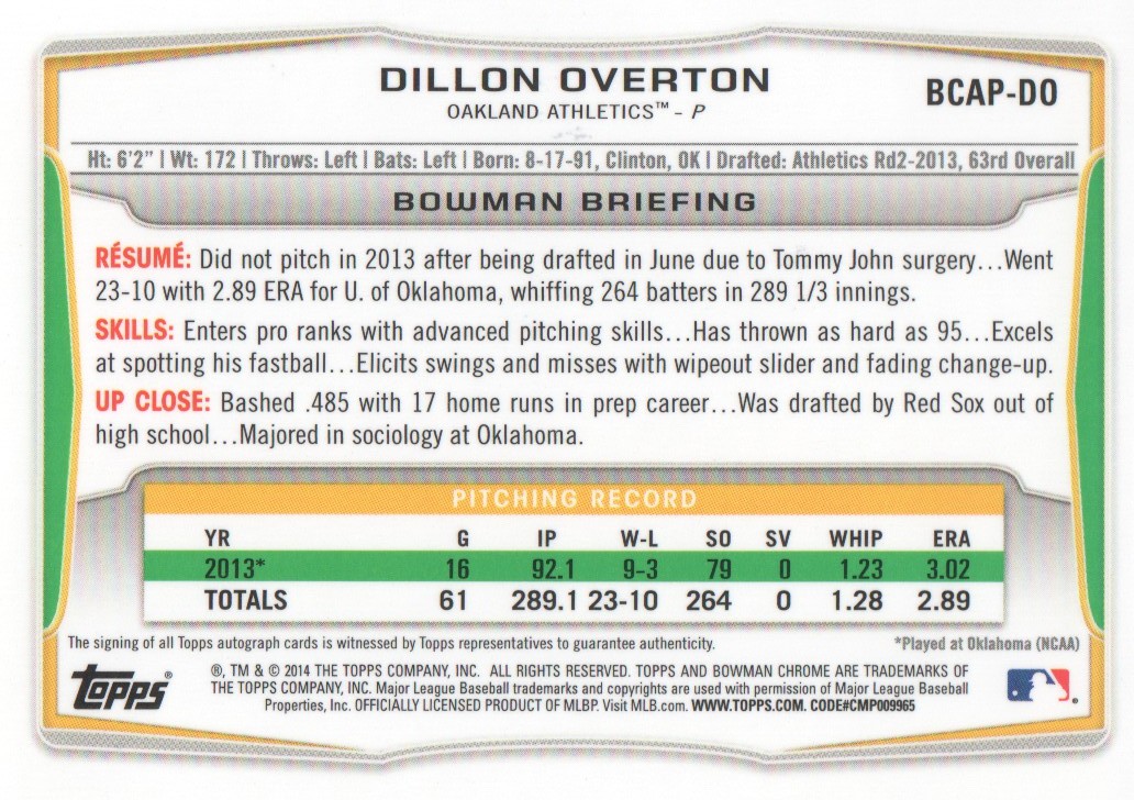 2014 Bowman Chrome Draft Draft Pick Autographs #BCAPDO Dillon Overton back image