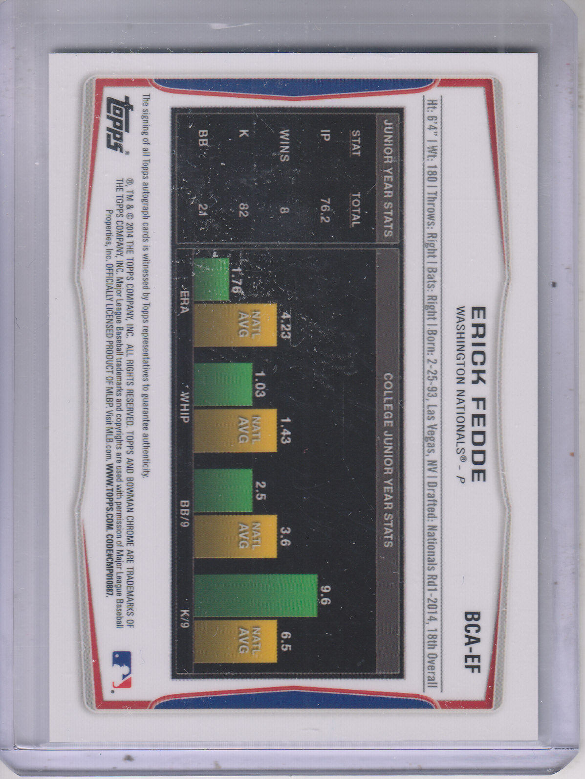 2014 Bowman Chrome Draft Draft Pick Autographs #BCAEF Erick Fedde back image