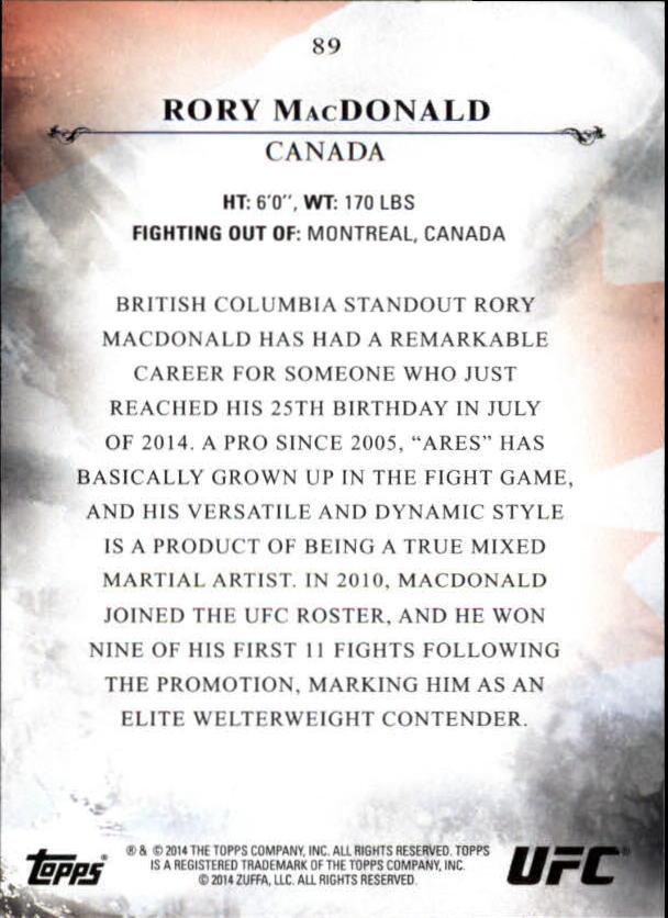 2014 Topps UFC Bloodlines #89 Rory MacDonald back image
