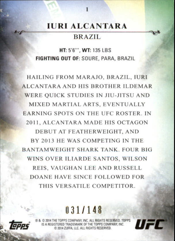 2014 Topps UFC Bloodlines Flag Parallel #1 Iuri Alcantara back image