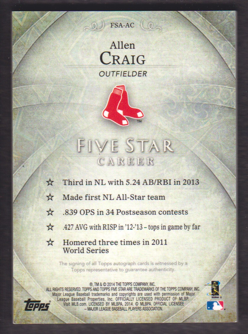 2014 Topps Five Star Autographs #FSAAC Allen Craig/399 back image