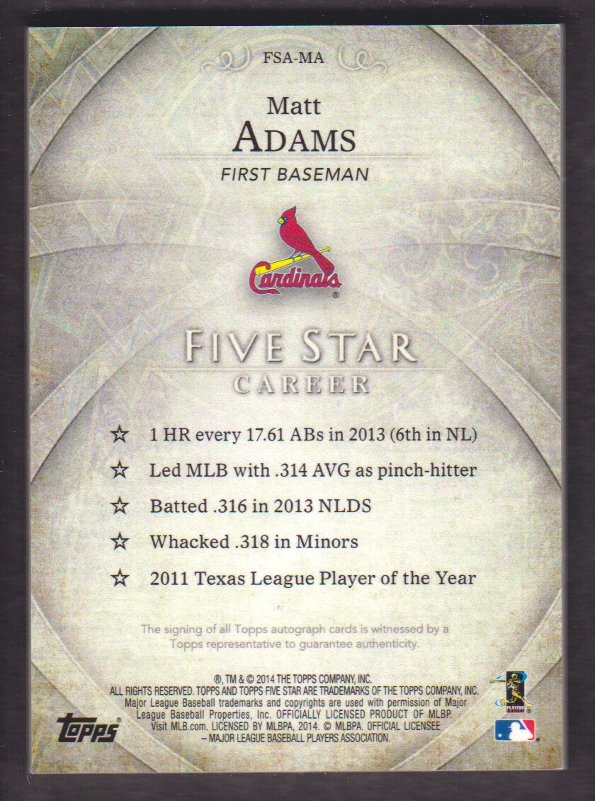 2014 Topps Five Star Autographs #FSAMA Matt Adams/499 back image