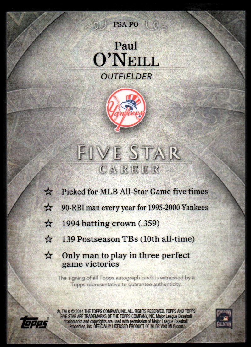 2014 Topps Five Star Autographs #FSAPO Paul O'Neill/399 back image
