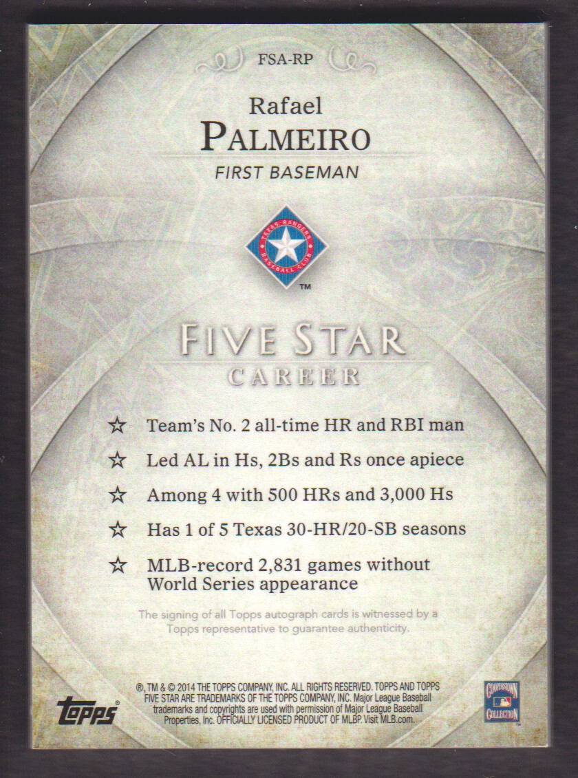 2014 Topps Five Star Autographs #FSARP Rafael Palmeiro/299 back image