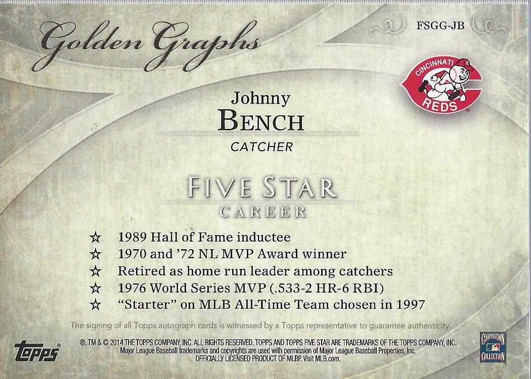 2014 Topps Five Star Golden Graphs Purple #FSGGJB Johnny Bench back image