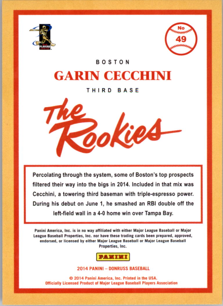 2014 Donruss The Rookies #49 Garin Cecchini back image