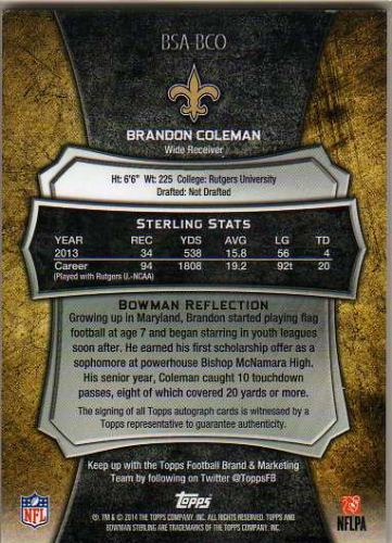 2014 Bowman Sterling Autographs Blue Wave Refractors #BSABCO Brandon Coleman back image