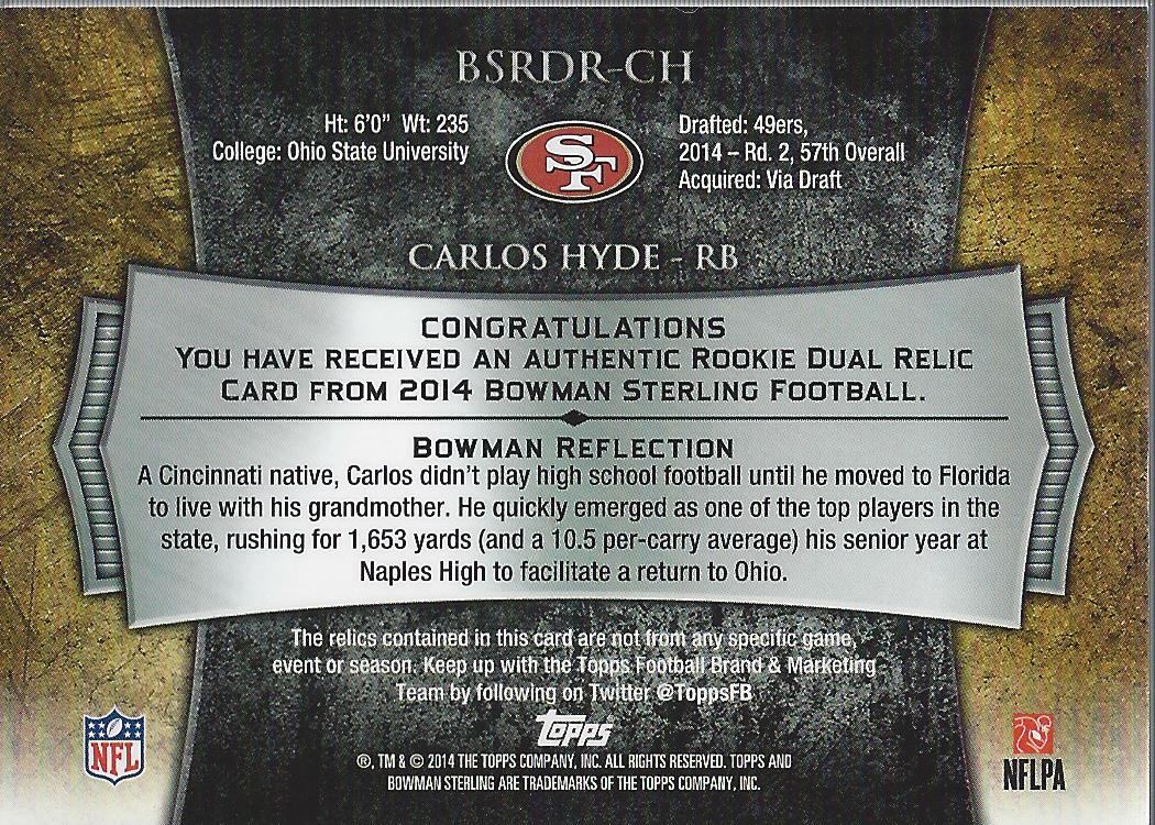2014 Bowman Sterling Relics #BSRDRCH Carlos Hyde back image