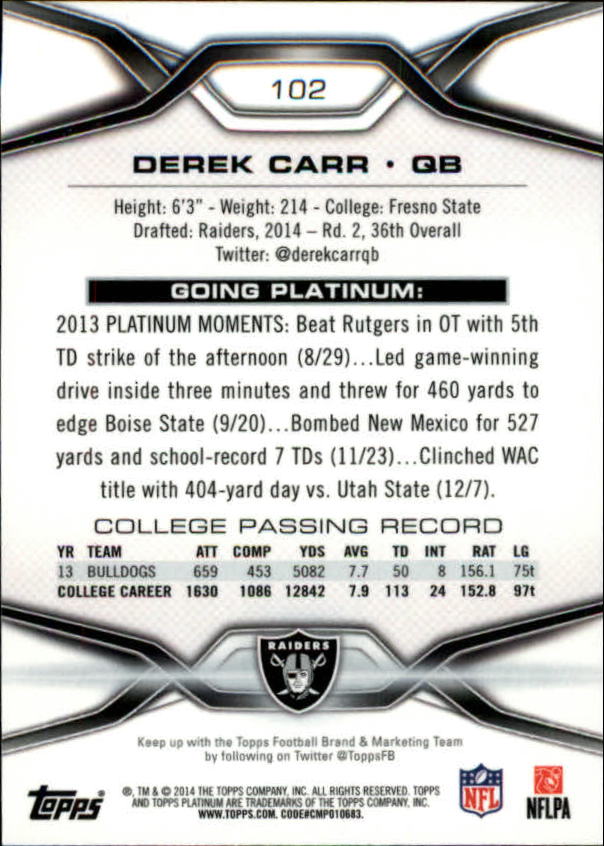 2014 Topps Platinum #102 Derek Carr RC