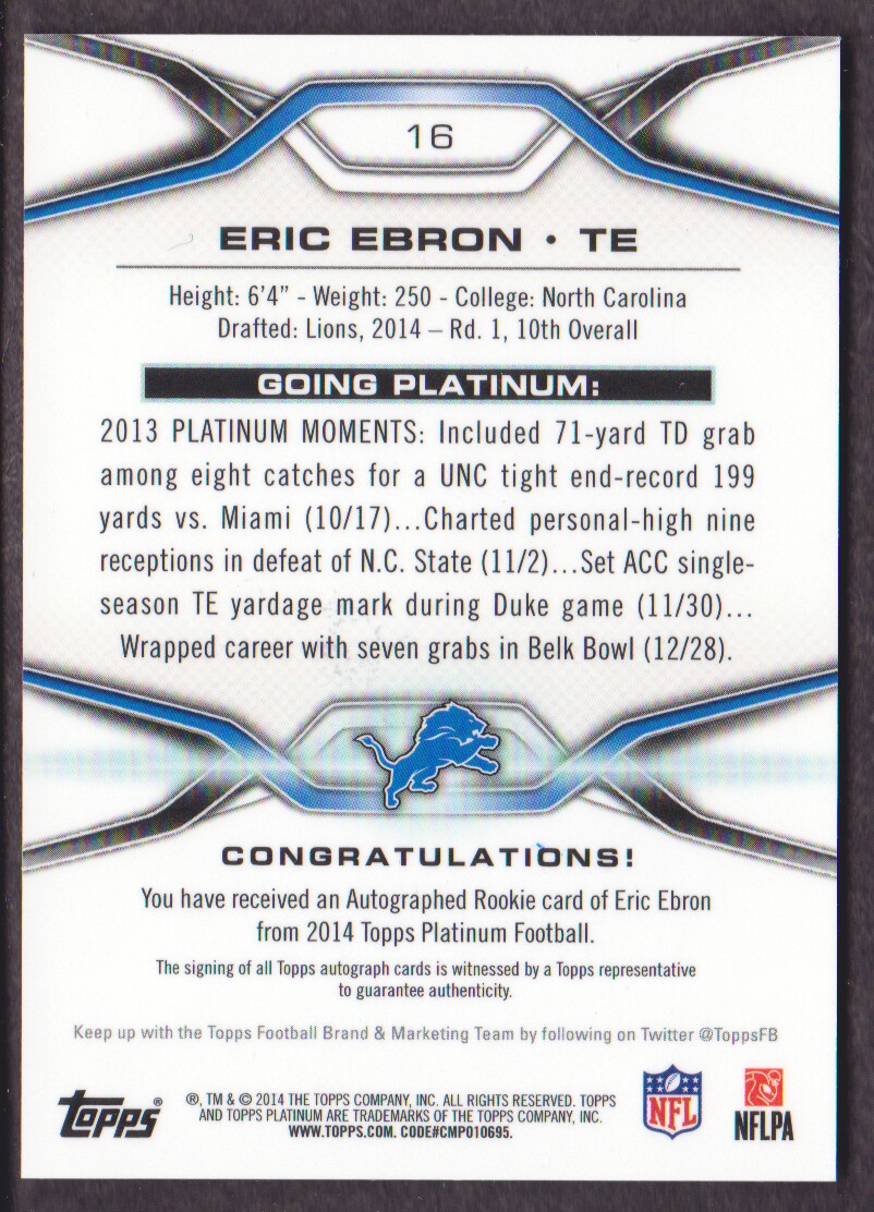 2014 Topps Platinum Autographs Refractors #16 Eric Ebron back image