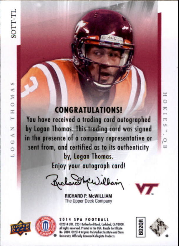 2014 SP Authentic Sign of the Times #SOTTTL Logan Thomas D back image