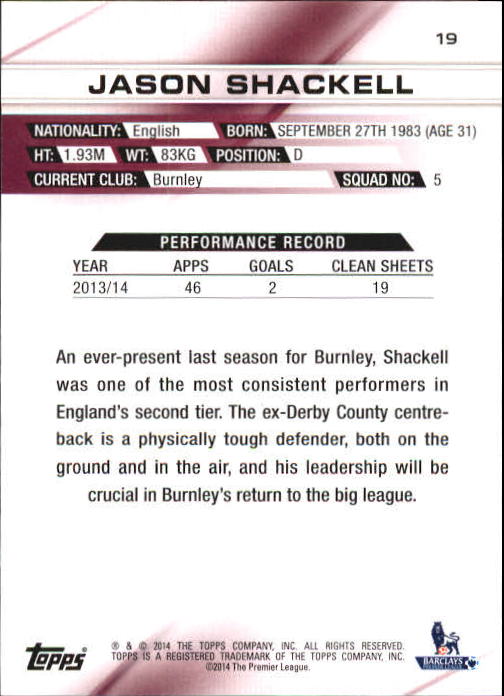 2014-15 Topps English Premier League Gold #19 Jason Shackell back image