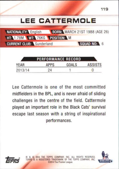 2014-15 Topps English Premier League Gold #119 Lee Cattermole back image