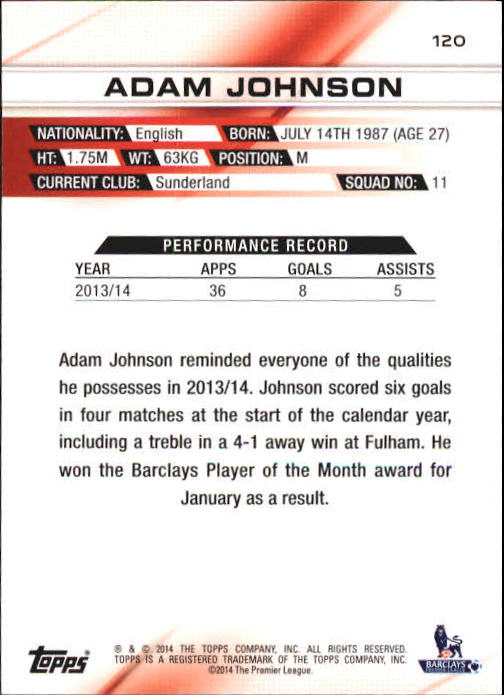 2014-15 Topps English Premier League Gold #120 Adam Johnson back image
