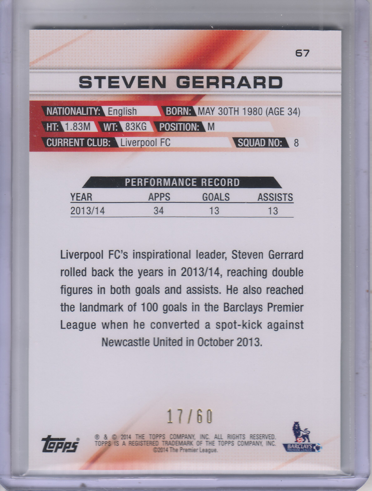 2014-15 Topps English Premier League Gold Green #67 Steven Gerrard back image